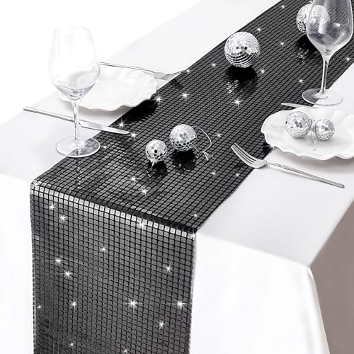 Black Sequin Table Runner 8 Pack - 13x72 Inch Glitter Mirror Fabric for Party