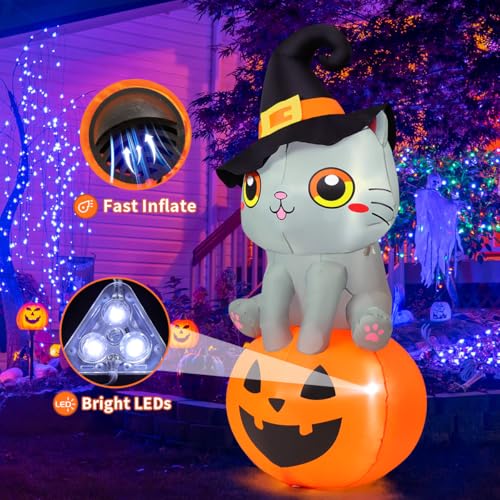 6 FT Halloween Inflatable Cat with Pumpkin and LED Lights Outdoor Yard Decor