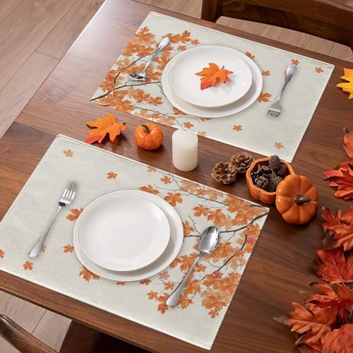 Fall Placemats Set of 4 - 12x18 Inch Autumn Maple Leaves Table Decor