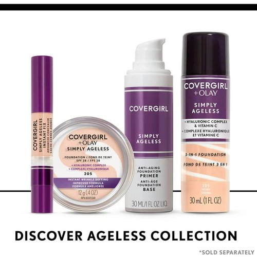 COVERGIRL & Olay Simply Ageless 3-in-1 Liquid Foundation, Matte Finish, Hyaluronic & Vitamin C Formula, 232 Nude Beige, 2 Count
