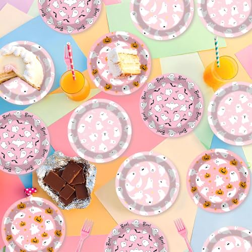 Pink Halloween Ghost Disposable Paper Plates - 48 Pack, Cute Pumpkin Party Tableware