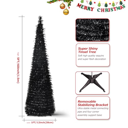 Black 5FT Collapsible Pop Up Tinsel Christmas Tree - Pencil Style