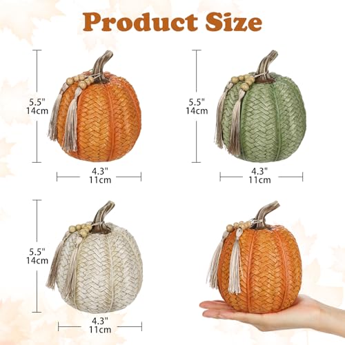Fall Pumpkin Decor Set - 3 Pack Woven Resin Oranges, Whites & Greens for Autumn Thanksgiving Halloween