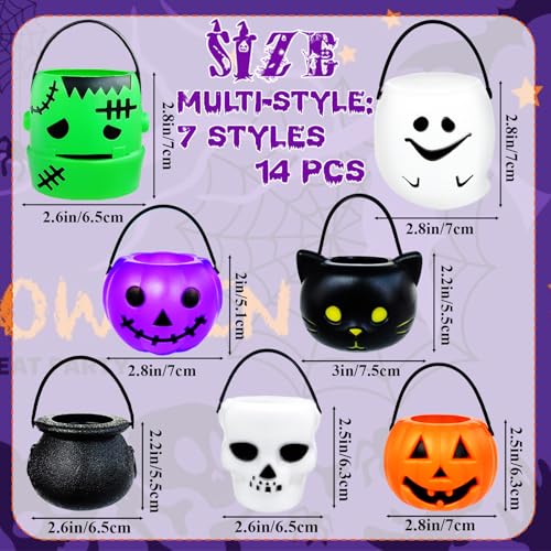 14 Pack Mini Halloween Candy Holders Ghost Pumpkin Cauldron Buckets with Candy Bags & Ties