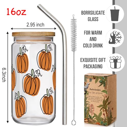 Fall Pumpkin Glass Cup 16oz with Lid & Straw - Halloween & Thanksgiving Gift, Pumpkin Variation