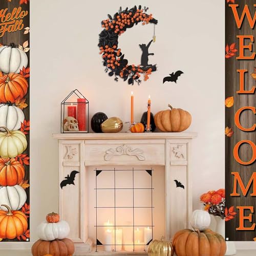 Halloween Black Cat Half-Moon Wreath with Black Rose & Orange Berries - Orange Variation