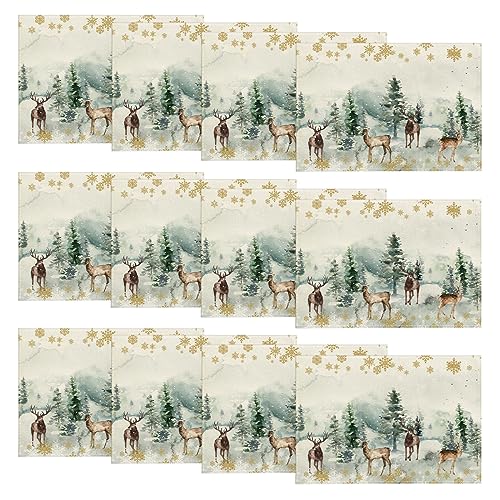 Watercolor Deer Trees Snowflakes Christmas Placemats Set of 12 - 12x18 Inch Seasonal Winter Table Mats, Green, Rectangular