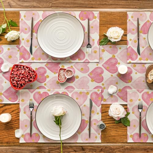 Polka Dot Gold Heart Love Placemats Set of 4 12x18 Inch Table Decor for Dinner Parties