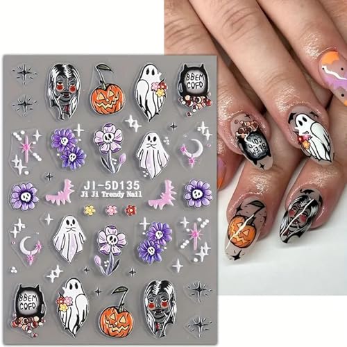 Halloween Nail Art Stickers - Cute Pumpkin Ghost Design, Style-8, 5 Sheets