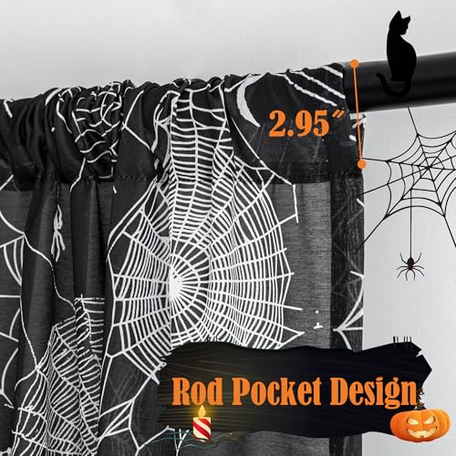 Halloween Sheer Curtains for Living Room & Bedroom - 50W x 63L, Pack of 2, Spider Web Print, Black