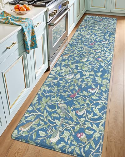 Anti-Fatigue Kitchen Mat 24x87 Inches with Blue Floral Design, 0.4" Thick