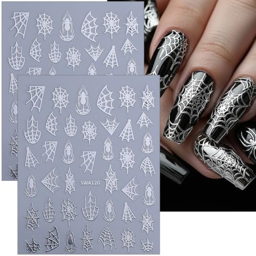 Halloween Nail Stickers Spider Web & Spider Design - 3D Multicolored Glitter Decals, Self-Adhesive, 10PCS