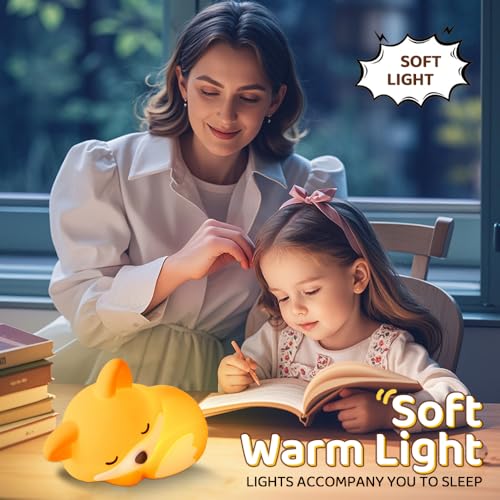 Orange Silicone Fox Night Light for Kids - Rechargeable Nursery Lamp with Timer