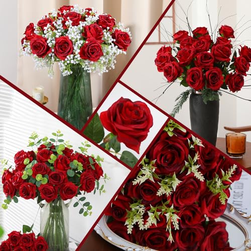 Artificial Silk Roses Bulk Bouquet - Burgundy, 50 Long Stem Fake Flowers for Wedding & Home Decor