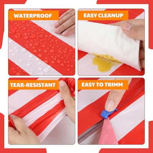 54 Inch x 100 ft Red and White Striped Disposable Tablecloth Roll with Cutter