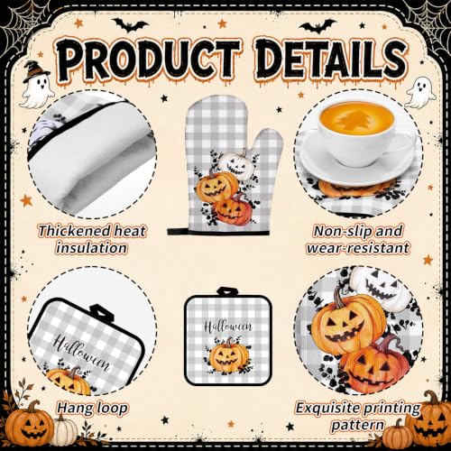 Halloween Pumpkin Kitchen Decor Set - Black & Gray, Towels, Pot Holders & Oven Mitts
