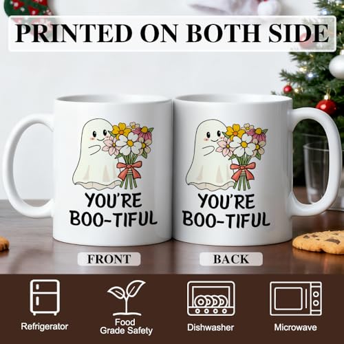 Funny Boo-tiful Ghost Halloween Ceramic Coffee Mug for Women - Beige & Multi