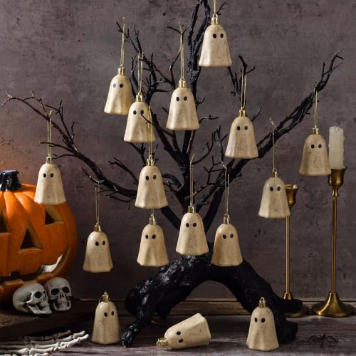 Farmhouse Halloween Ghost Ornaments - Beige, 12 Pack, Plastic Mini Decorations