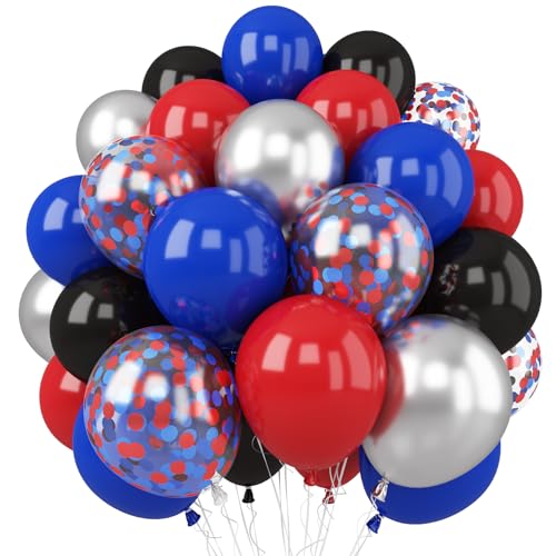 Balloon Set - Red Blue Black 12 Inch Latex Party Balloons with Ribbons - Variation of Black Red Blue