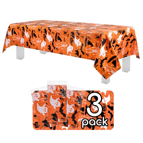 Halloween Skeleton Tablecloth 54x108 Inches Orange Disposable Rectangular Cover - 3 Pack