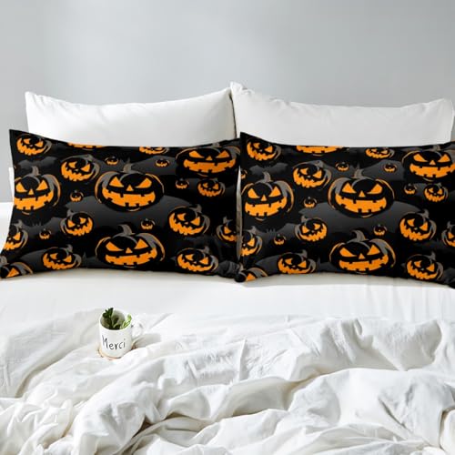 King Size Halloween Pumpkin Bed Sheets Set - Spooky Orange & Black Bedding