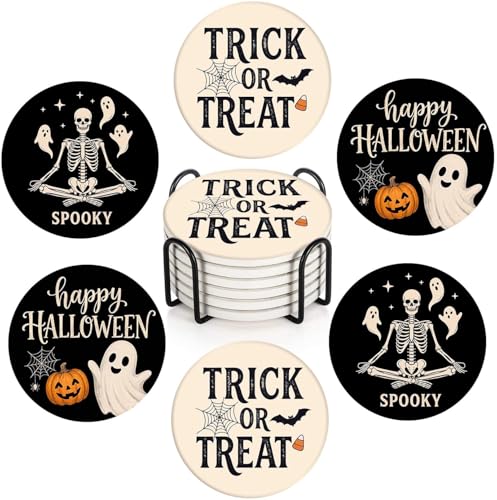 Halloween Ceramic Coasters Set of 6 with Skeleton Ghost Pumpkin Variation