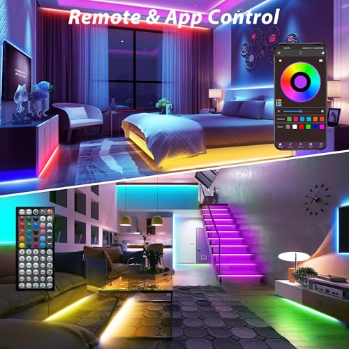 50ft RGB LED Light Strips for Bedroom Music Sync - Easy Install, App & IR Remote