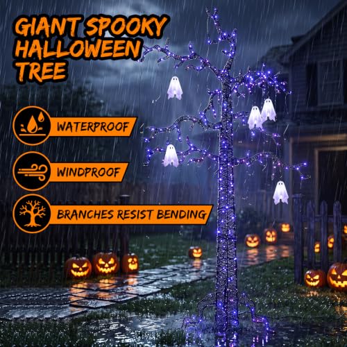 Lighted Halloween Tree with Ghosts and LED Lights, 8ft Spooky Garden Decor