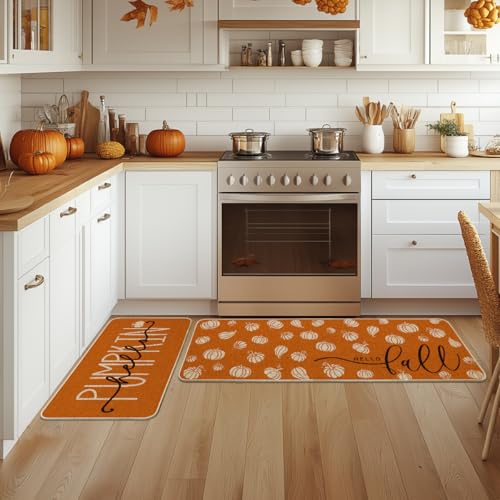 Pumpkin Fall Kitchen Mats Set of 2 - 17x29 & 17x47 Inches, Orange