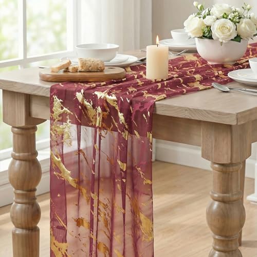 28x120 Inch Burgundy Marble Pattern Gauze Table Runner with Glitter Metallic Foil - Wedding & Party Decor