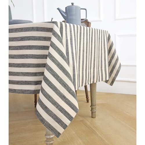Black & Natural Linen Tablecloth 60 x 90 Inches Sorrento Stripe - Handcrafted European Flax