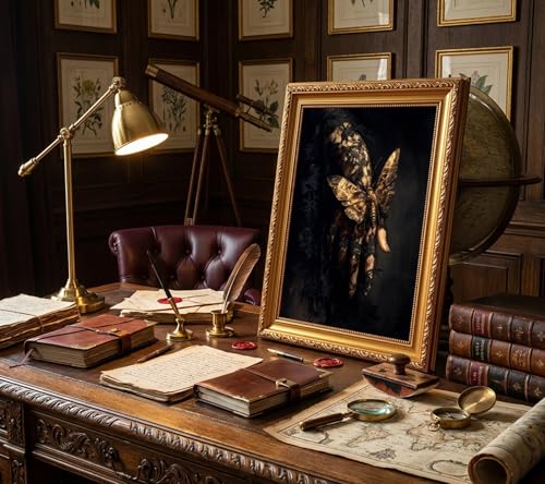 Dark Academia Gothic Wall Art - Moths Lace Hand with Gold Frame 16x12in - Victorian Moody Artwork for Bedroom & Dorm - Variation of Moths Lace Hand Framed