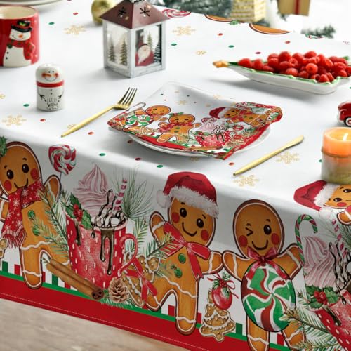 Christmas Tablecloth 60 x 104 Inches Rectangular Gingerbread Man White Red - Holiday Decor