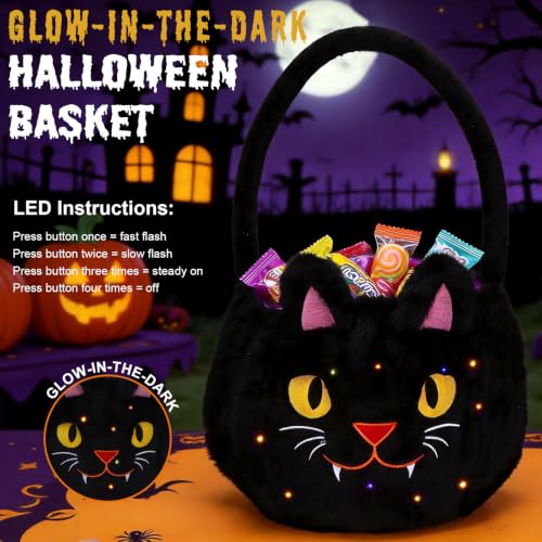 Black Halloween Light Up Trick or Treat Basket - LED Glowing Plush Cat Candy Bucket