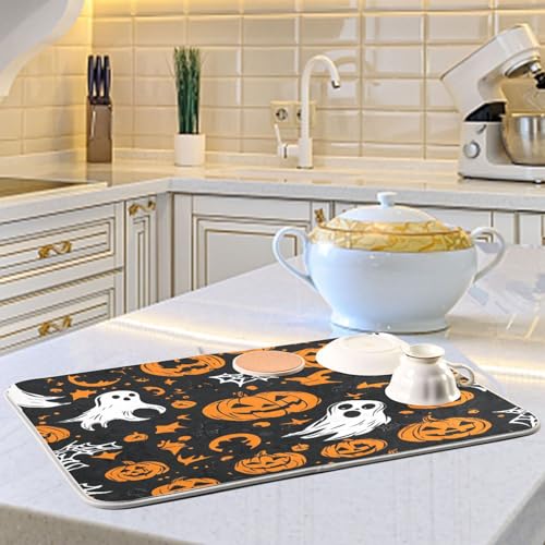 Halloween Ghost & Pumpkins Dish Drying Mat - Microfiber Absorbent Kitchen Counter Protector - 16x18in