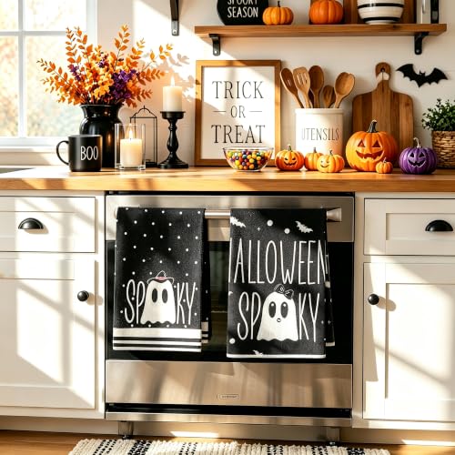 Halloween Kitchen Towels Black Ghost Set - Spooky Home Decor, 18x26 Inches