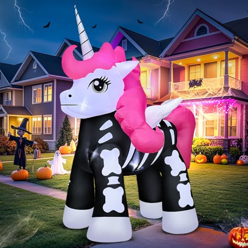 5FT Halloween Inflatable Skeleton Unicorn Outdoor Decor with LED Lights