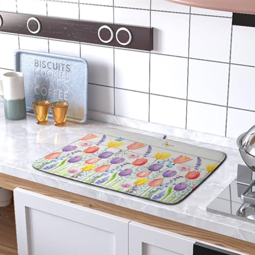 Spring Tulip Floral Dish Drying Mat - Reversible Watercolor Kitchen Counter Protector 18x24 Inch