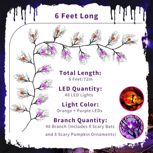 6FT Halloween Willow Vine Garland with 48 LED Bat & Pumpkin Lights - Remote & Timer