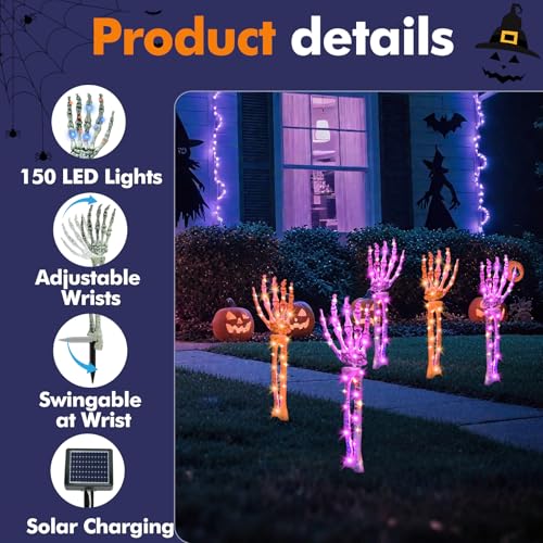 Outdoor Halloween Decorations Solar Lighted Skeleton Arm Stakes - White, 5 Pack
