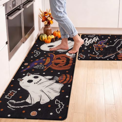 Vaukki Fall Anti-Fatigue Kitchen Floor Mat Set of 2 - Boo & Pumpkin Pattern, 17x29 & 17x47 Inches