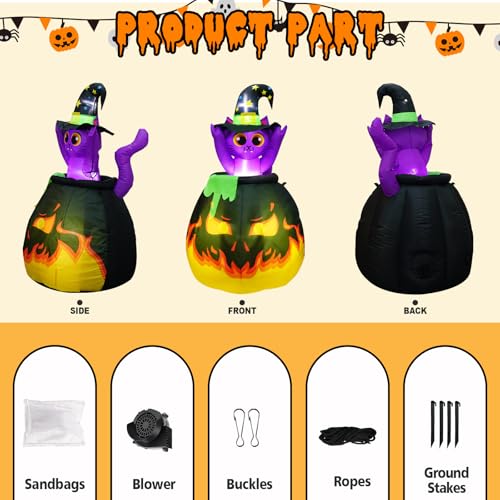 Halloween Inflatable Witch Cat in Cauldron - 4.5FT Outdoor Yard Decor with LED Lights