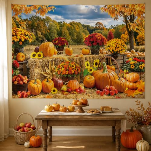 7X5FT Fall Pumpkin Backdrop Autumn Haystack Maple Leaves Photography Background
