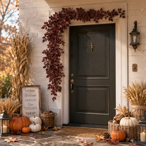 Dark Burgundy 27ft Fall Garland Set - Autumn Maple Leaves for Mantle & Porch Decor