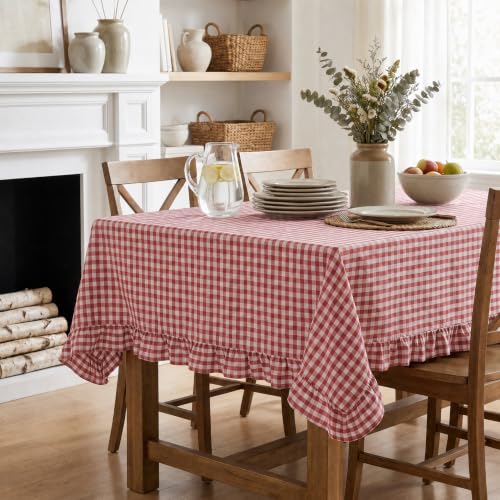 Horaldaily Beige Red Gingham Ruffled Table Cloth 60x84 Inch Rectangular
