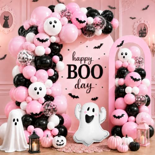 Pink Halloween Birthday Party Decorations Set with Balloon Arch, Plates, Napkins & More