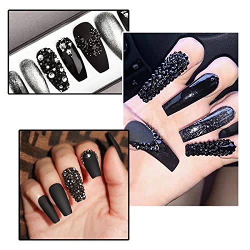 Black Nail Art Rhinestones Kit - 2052pcs Multi-Shaped Flatback Gems with Beads & Tools - Jet Black / A Set