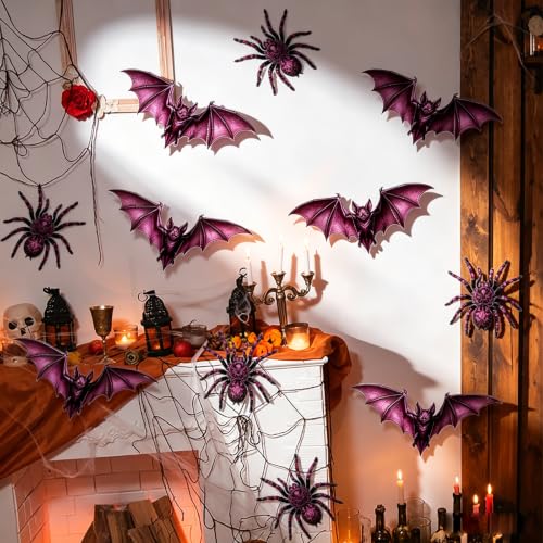 Halloween 3D Purple Bat and Spider Wall Stickers - Creepy Gothic Decor, Peel & Stick, Spider Variation