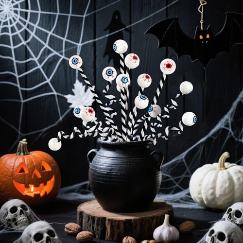 Halloween Eyeball Picks Black & White, Bendable Wool Floral Picks for Party Decor