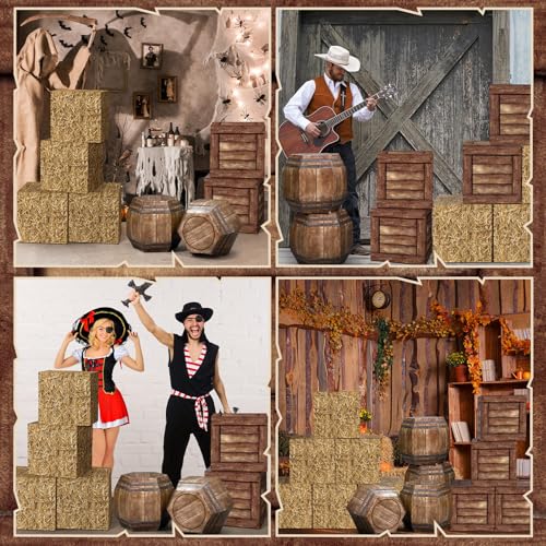 16 Pcs Western Hay Bale & Wine Barrel Party Decoration Boxes - Rustic Theme